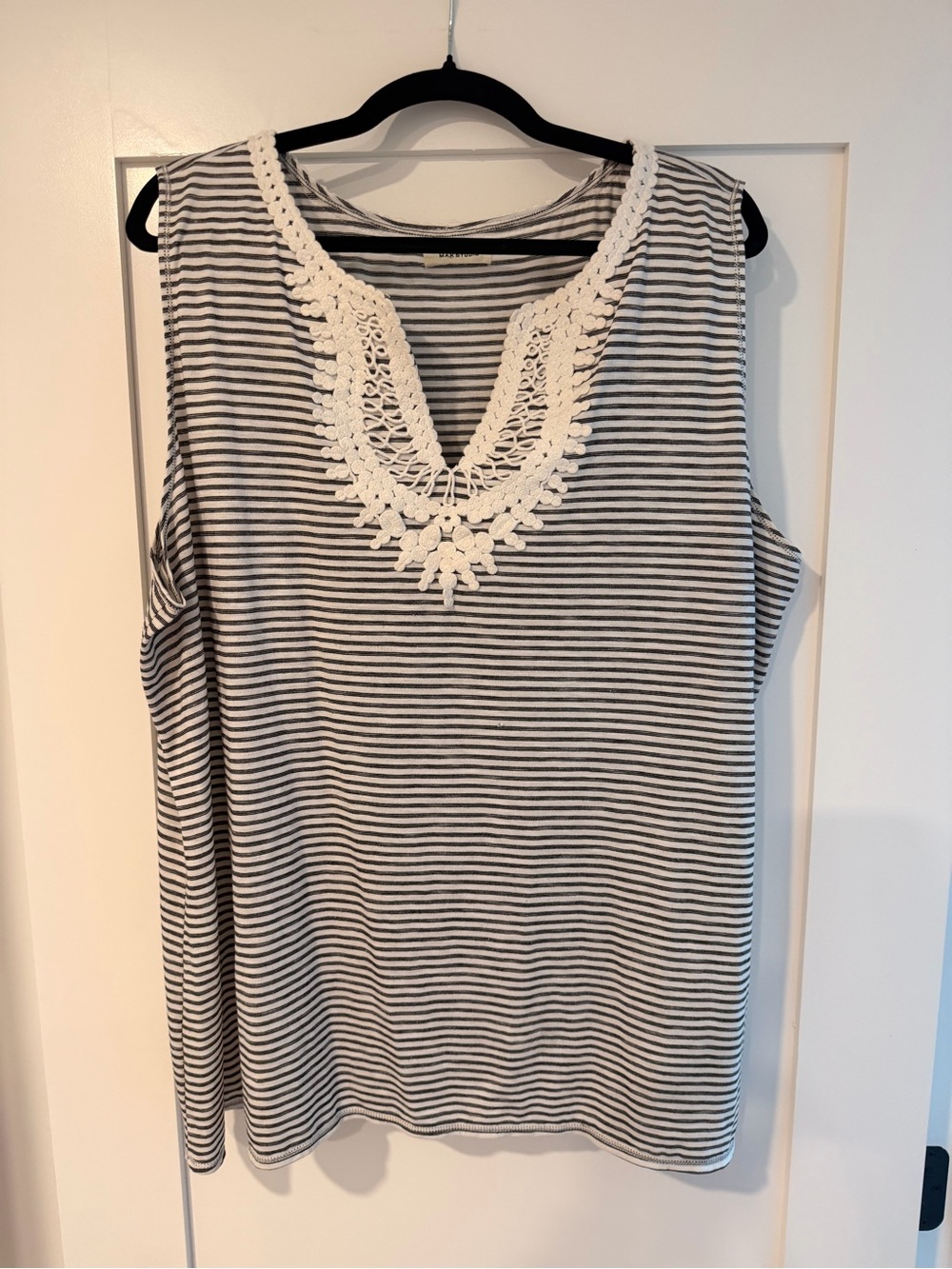 Max Studio Striped Crochet Neckline Sleeveless Top Black White